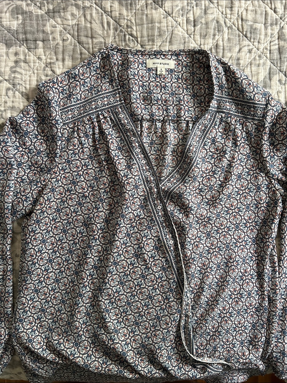 Max Studio Printed V-Neck Blouse in Navy and Rust